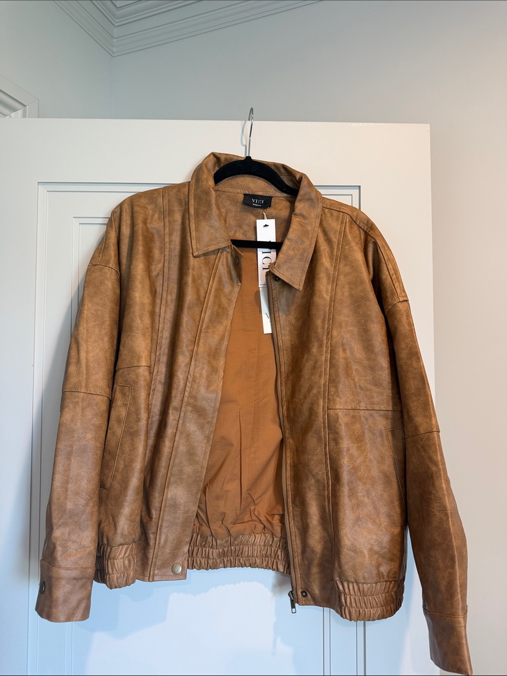 Vici Tan Brown Faux Leather Bomber Jacket